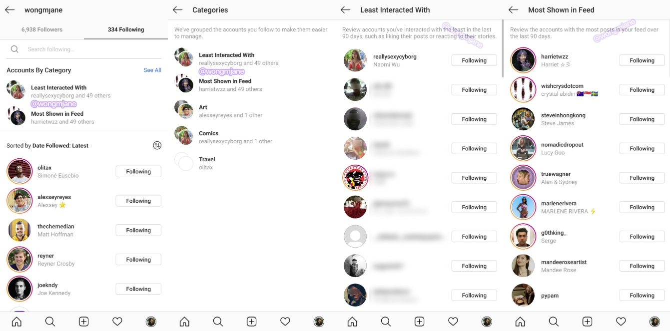 instagram adds new listings of least interacted with and most shown in feed in following tab