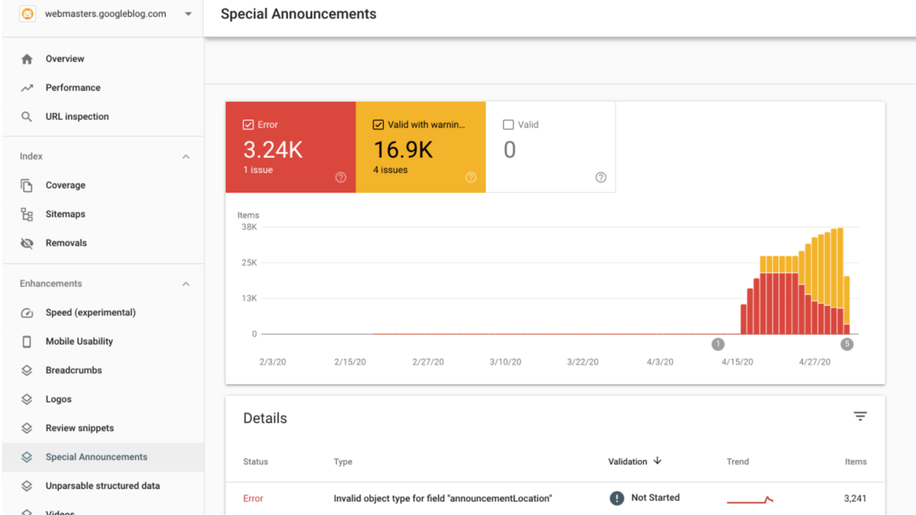 google adds a report for special announcements in search console