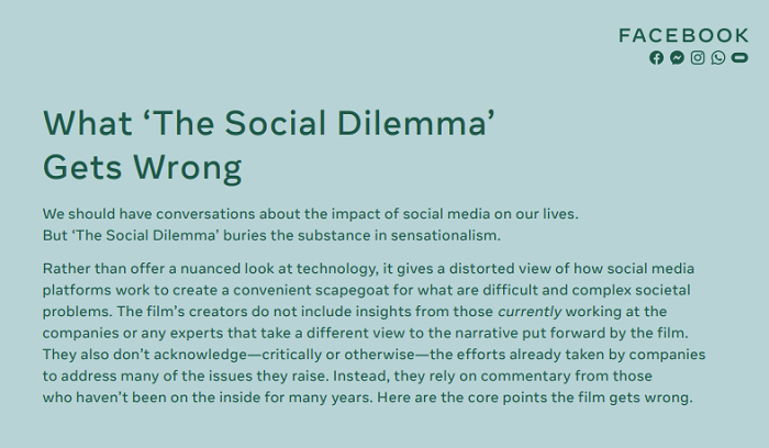 facebook issues official response to claims made in netflix documentary the social dilemma