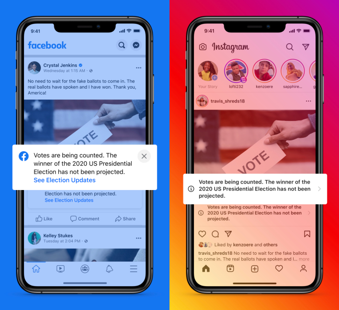 facebook and instagram notifications warn us users theres no winner yet in presidential election