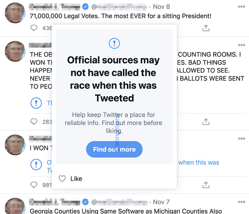 twitter adds new warning pop ups when users attempt to like tweets which include disputed claims