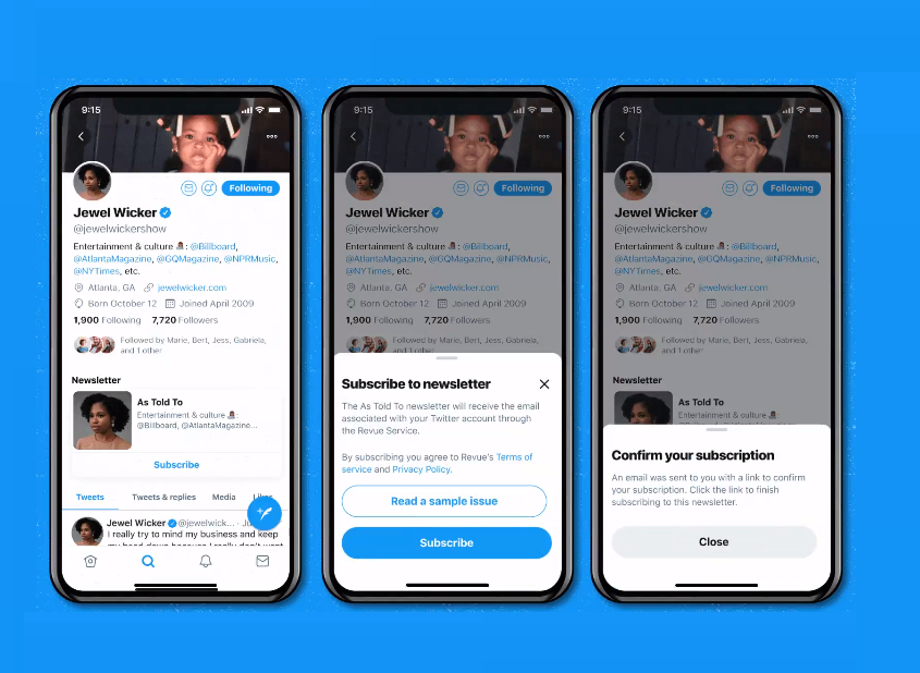 twitter adds revue newsletter subscription cards in tweets