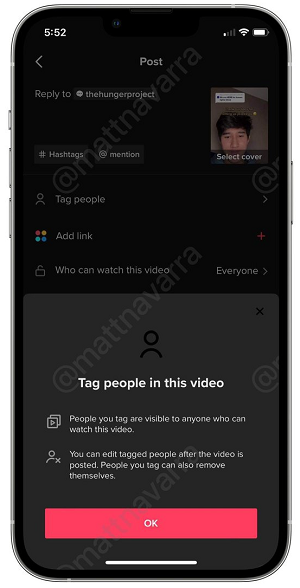 tiktok tests new option to tag other profiles in your video clips