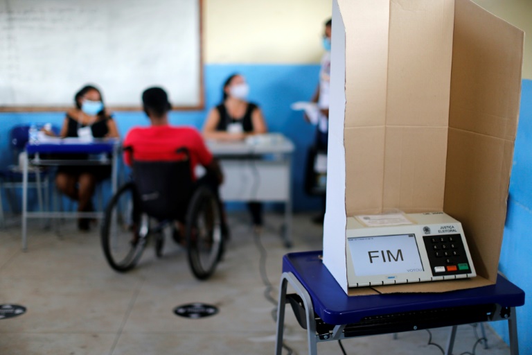 A voting machine in a polling station in Igarape Miri, Para state, Brazil in November 2020's municipal election: far-right President Jair Bolsonaro has claimed without evidence there has been widespread fraud in Brazil's electronic voting system