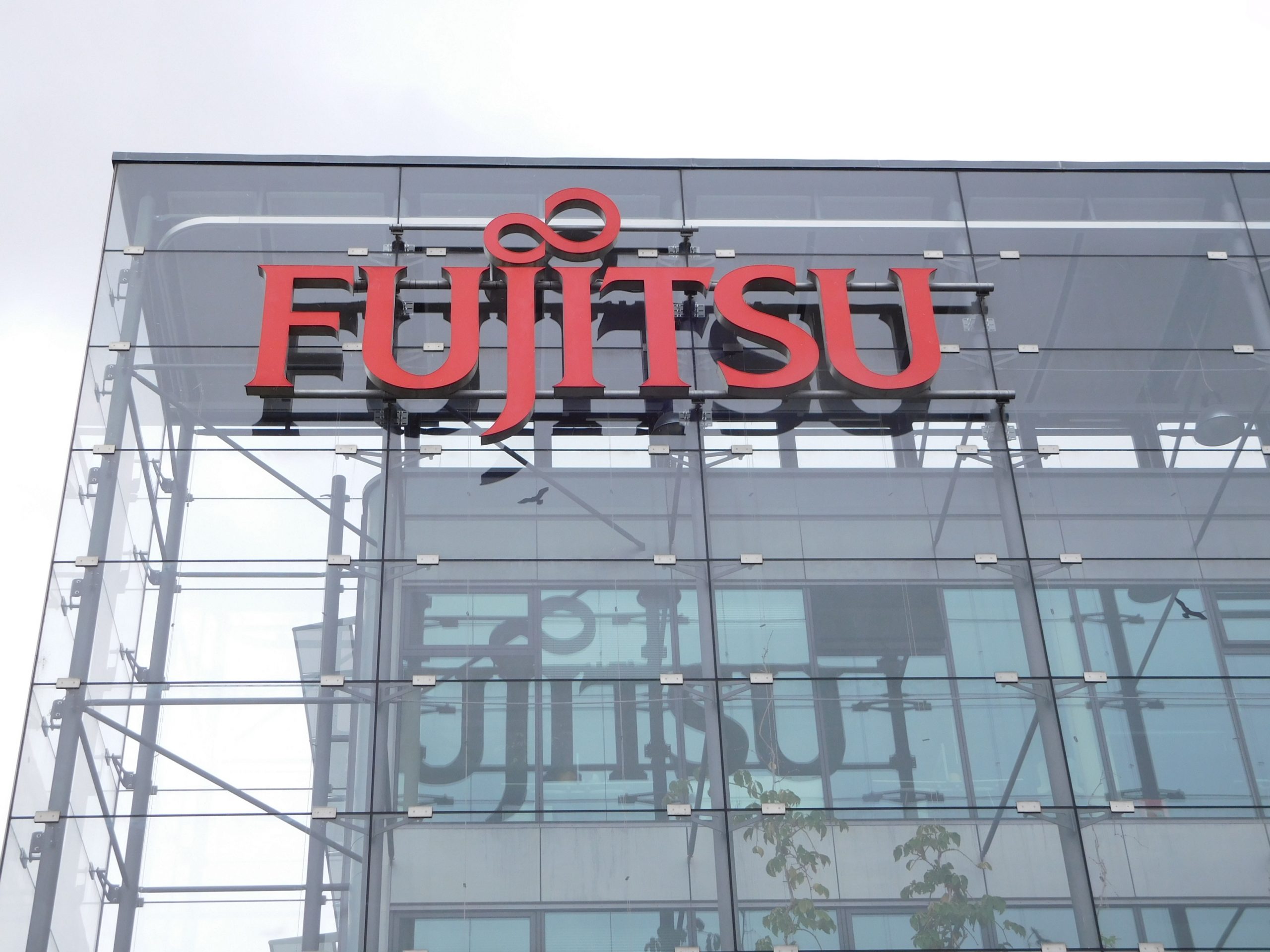 Fujitsu logo on the company's headquarters.