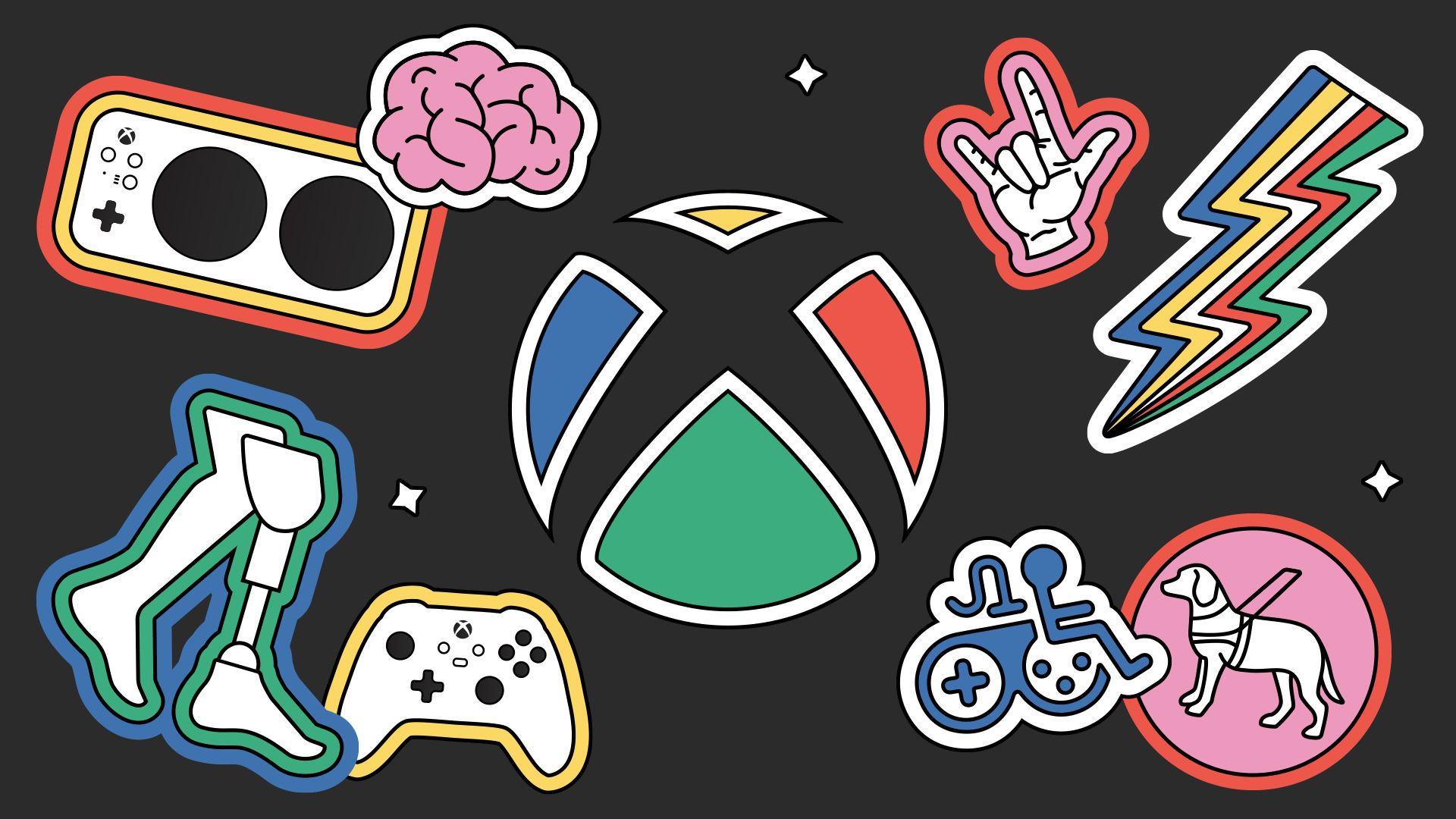 The Xbox sphere sits on a black backdrop surrounded by the following icons: the Xbox Adaptive Controller, a brain, the American Sign Language sign for I Love You, a lightning bolt, a wheelchair, a seeing eye dog, prosthetic legs, and the original Xbox controller.