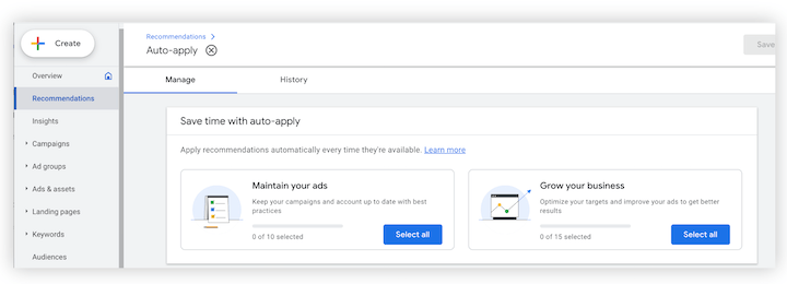 google ads auto-apply recommendations options