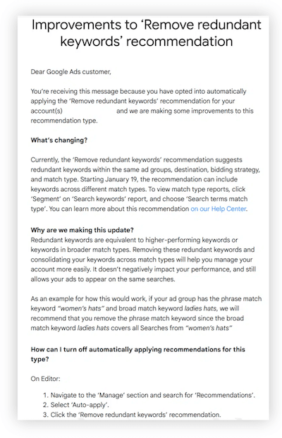 google ads email about the remove redundant keywords recommendation change