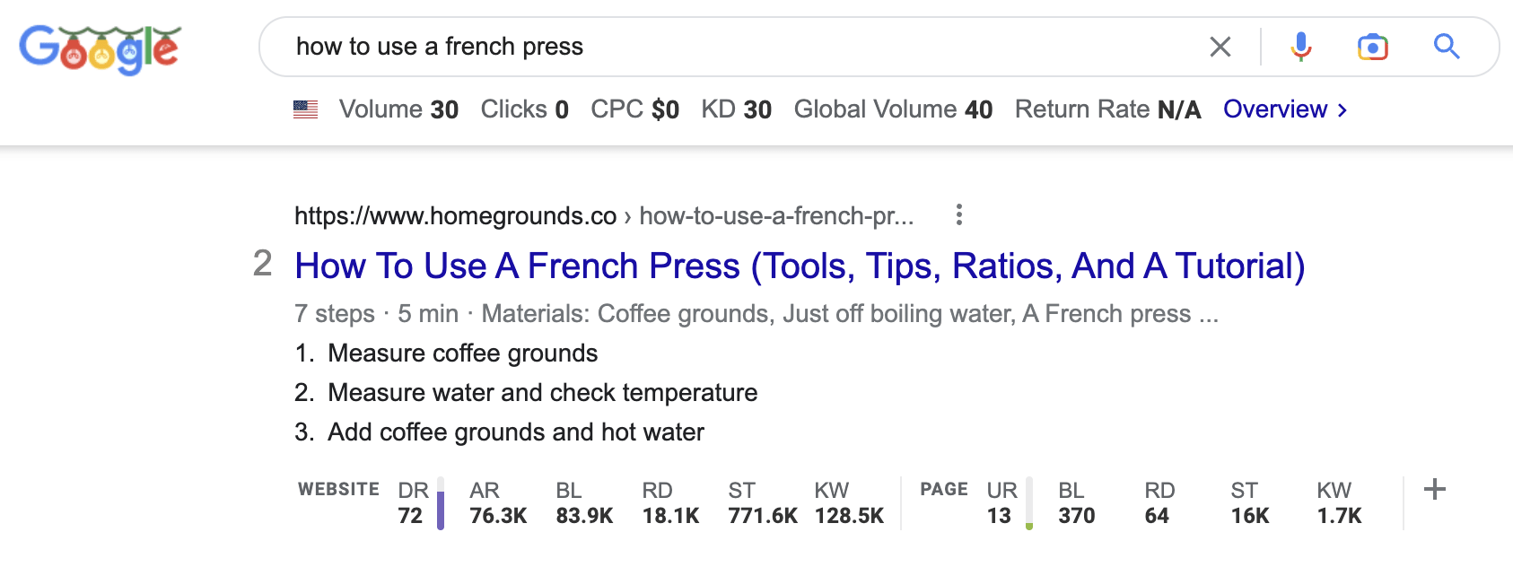 Google SERP for "how to use a french press"