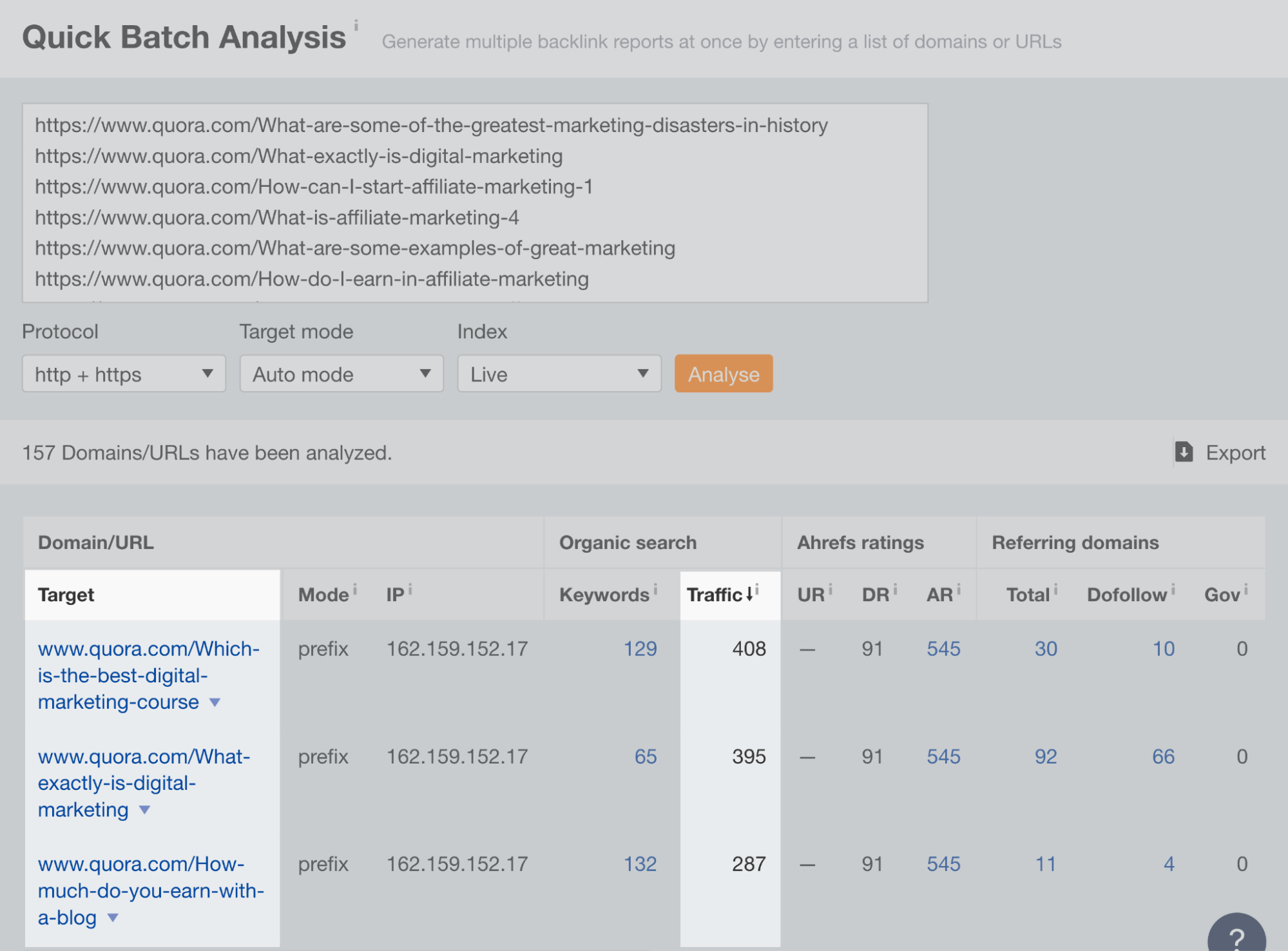 Getting organic traffic data for Quora questions with Ahrefs' Batch Analysis tool