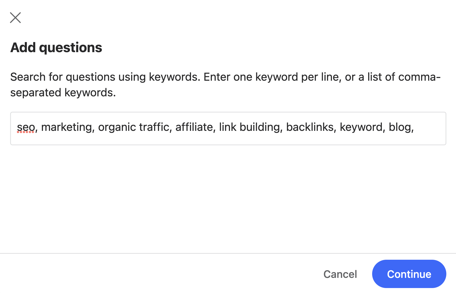 Adding seed keywords for questions targeting in Quora Ads