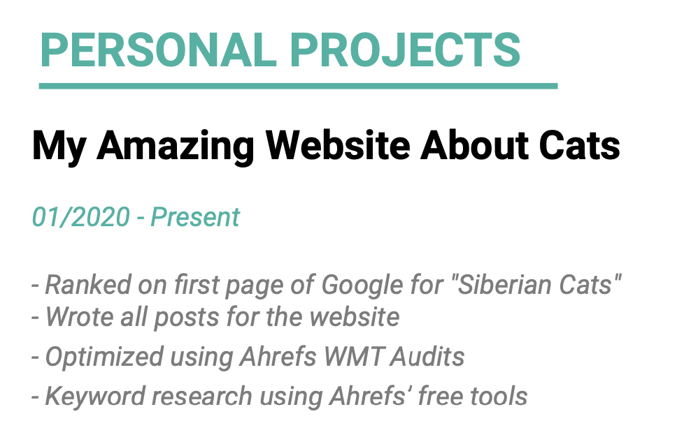 Screenshot of SEO resume template's "personal projects" section, via Google Slides