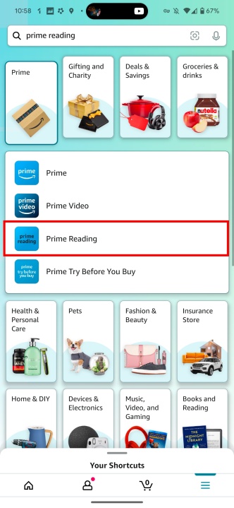 Getting to Prime Reading on your Amazon app.
