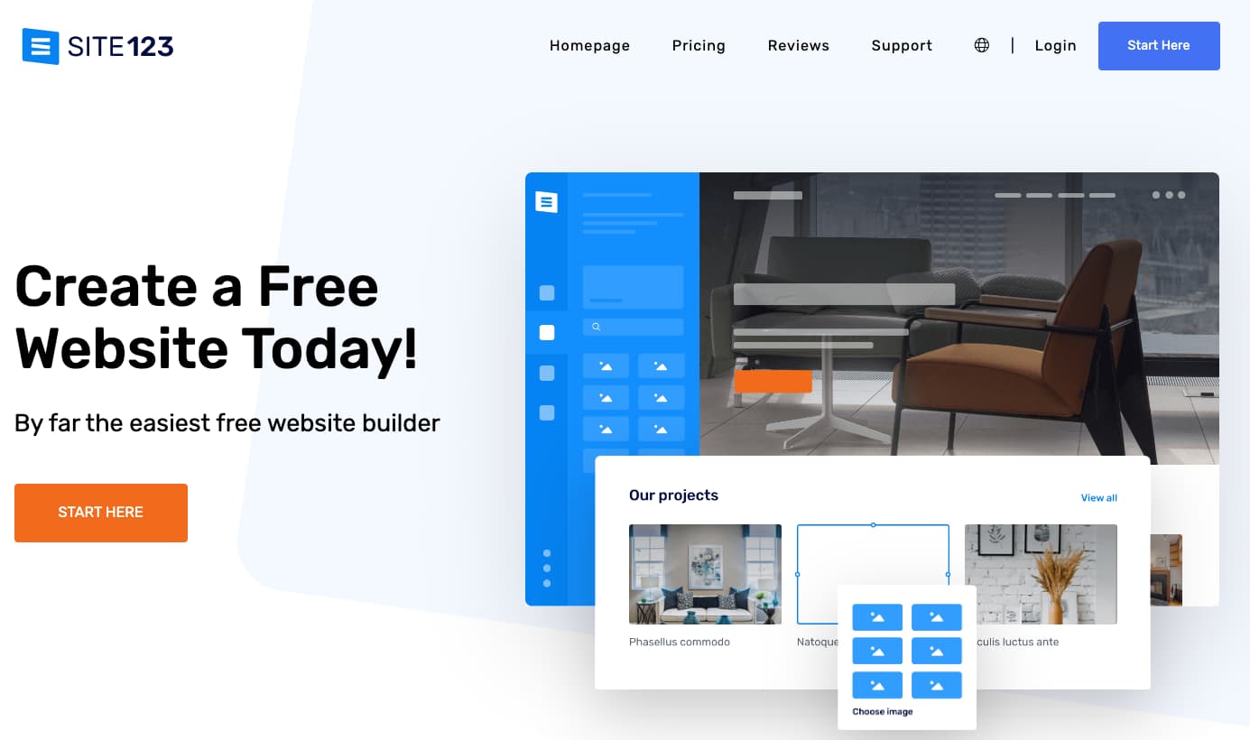 SITE123’s free website builder homepage.