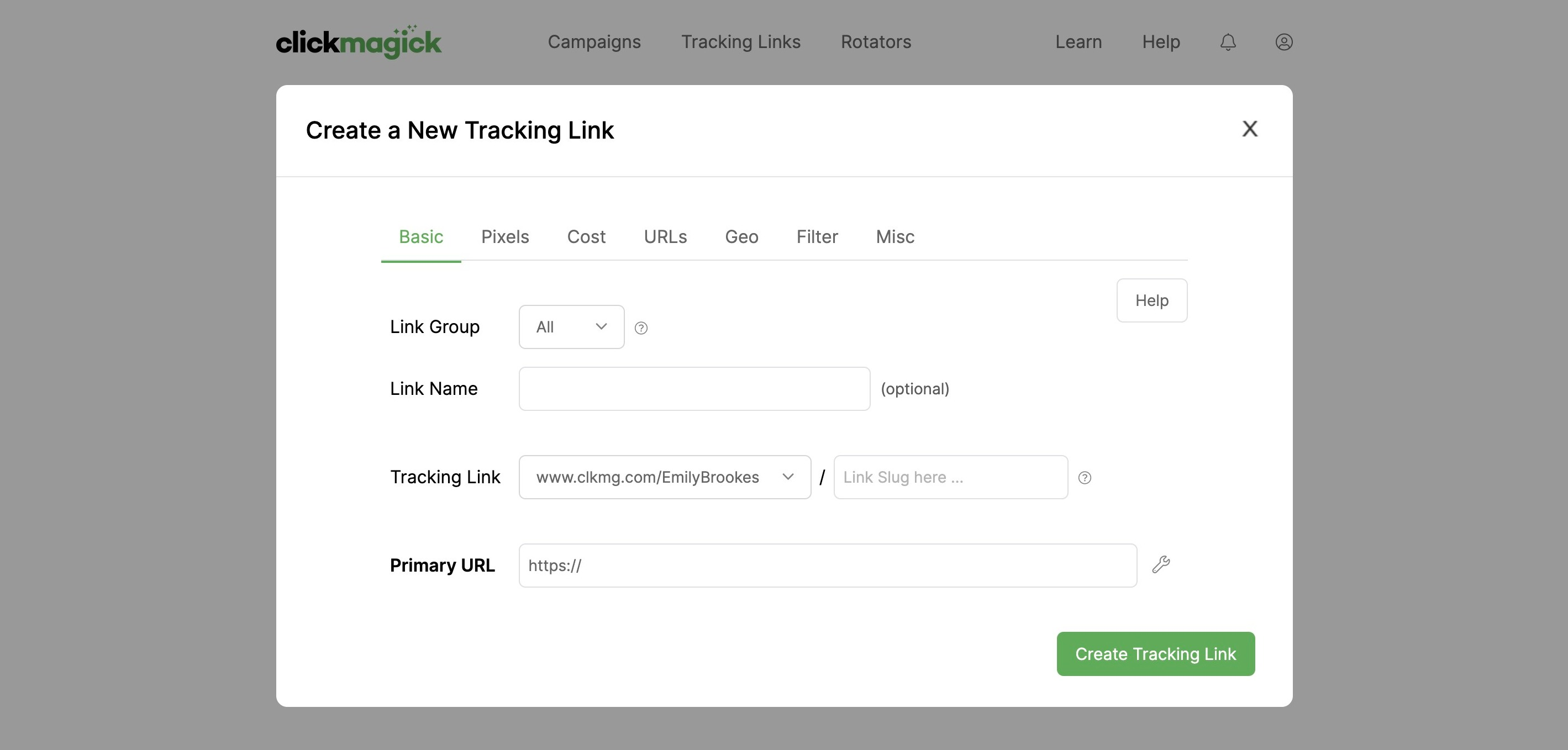 Screenshot of adding a tracking link with Clickmagick
