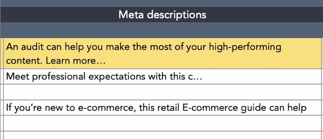 Content audit template example: Meta Descriptions