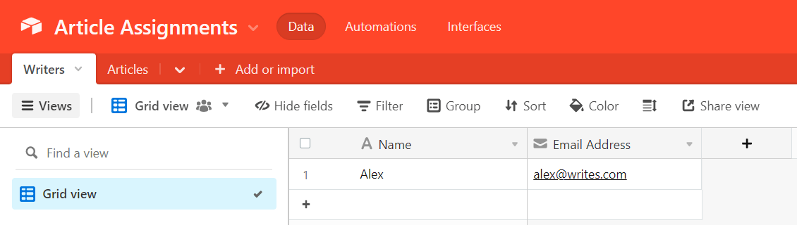"Writers" table in Airtable