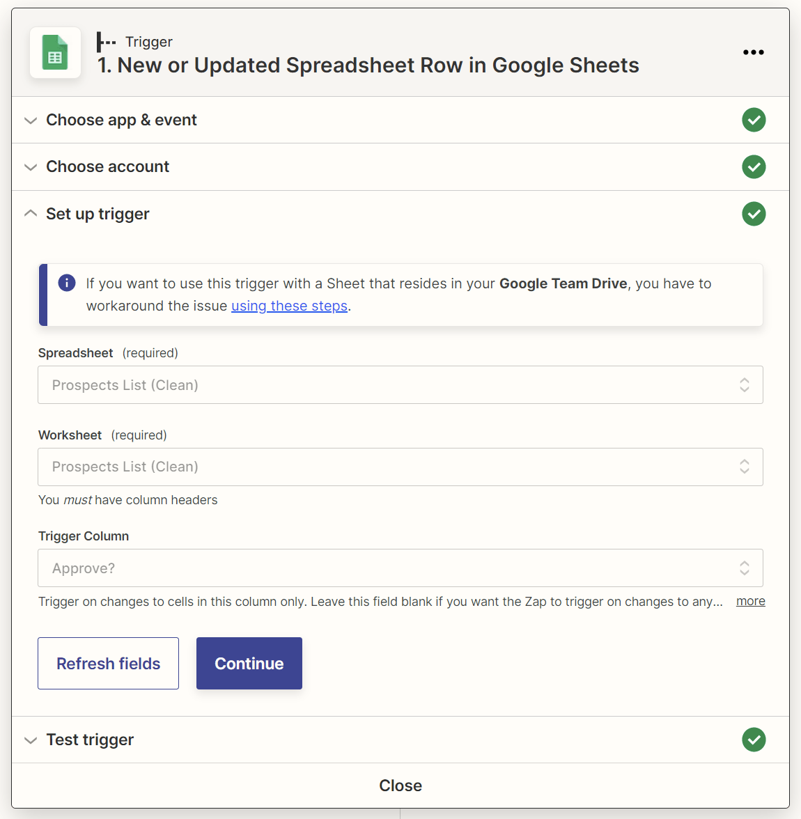 Trigger step: New or Updated Spreadsheet Row in Google Sheets