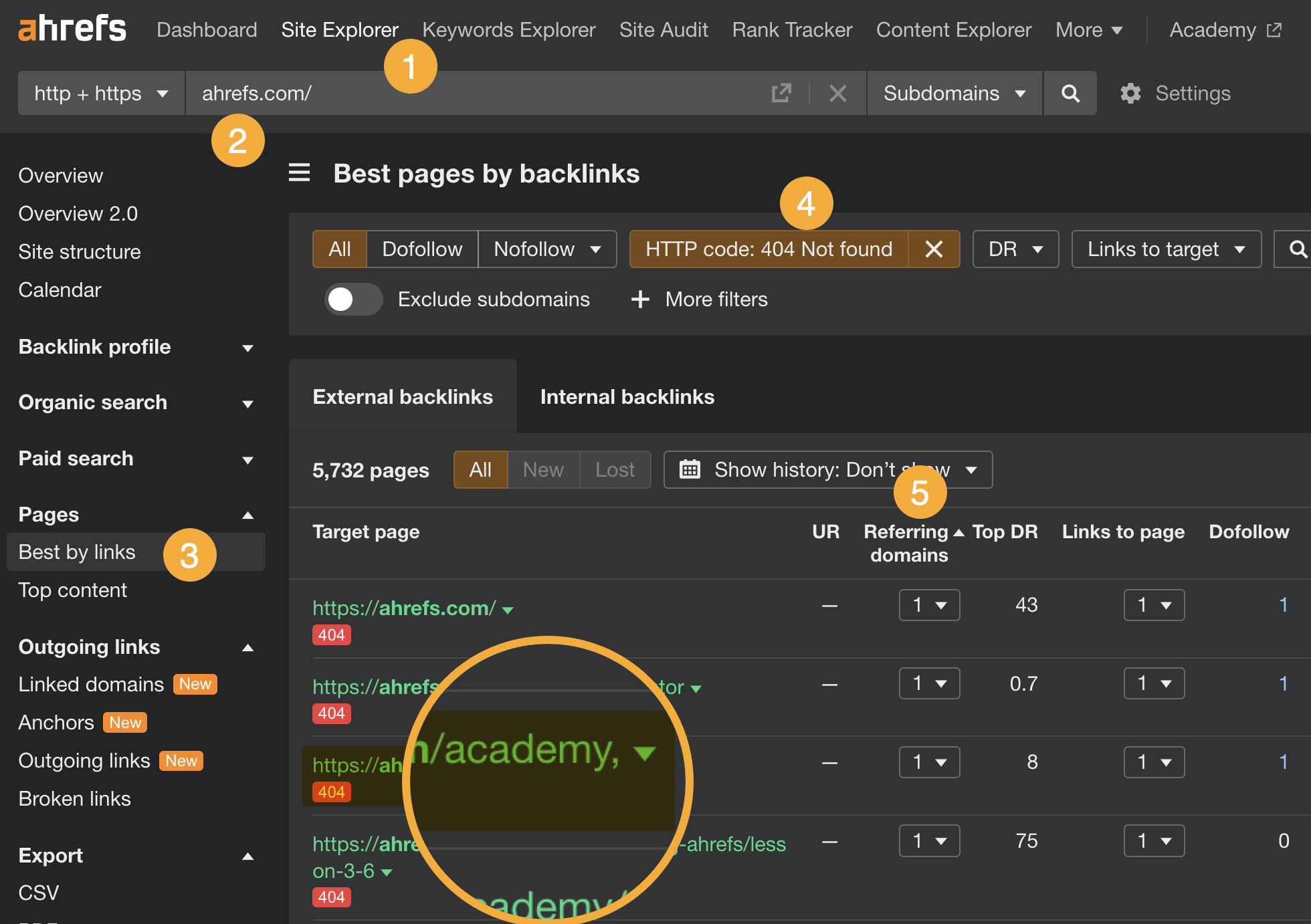 How to find broken backlinks in Site Explorer