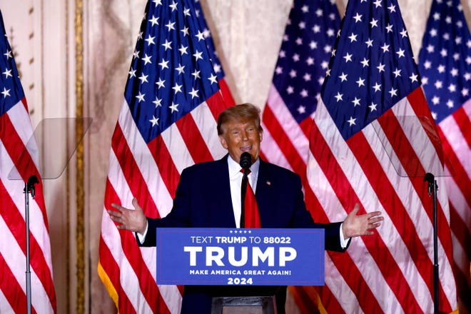 Former president Donald Trump speaking at the Mar-a-Lago Club in Palm Beach, Florida, on Nov. 15, announcing a third White House run.