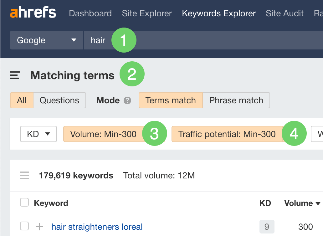 Filtering for long-tail keywords related to hair in Ahrefs' Keywords Explorer
