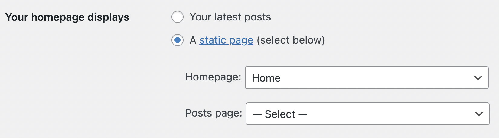 WordPress homepage display settings