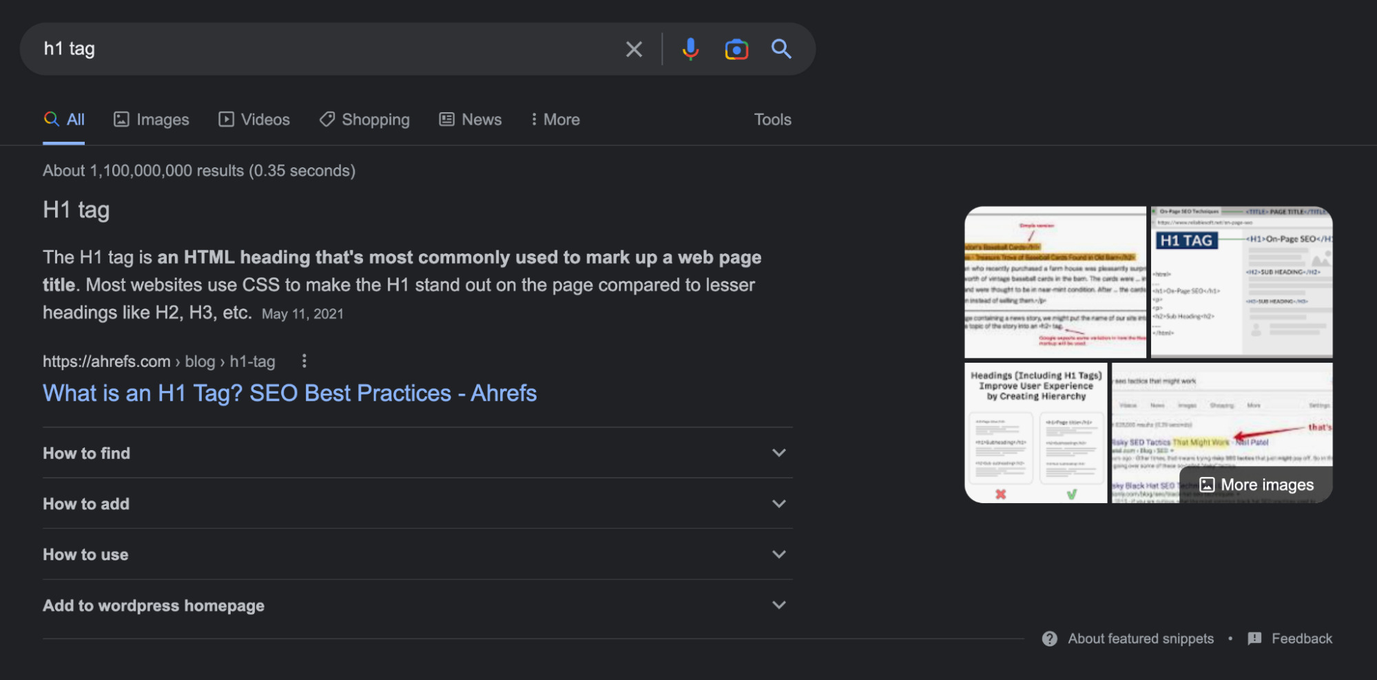 Featured snippet for the keyword "h1 tag"