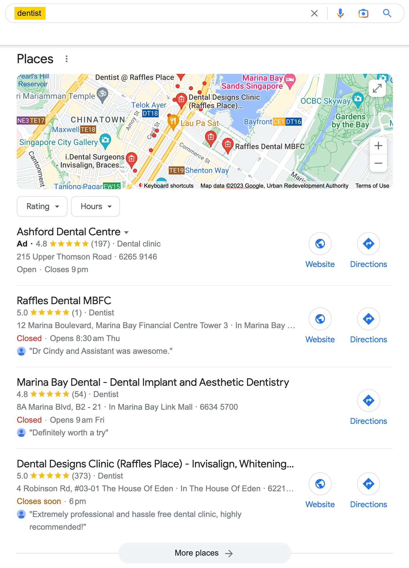 Local search for "dentist" in Singapore