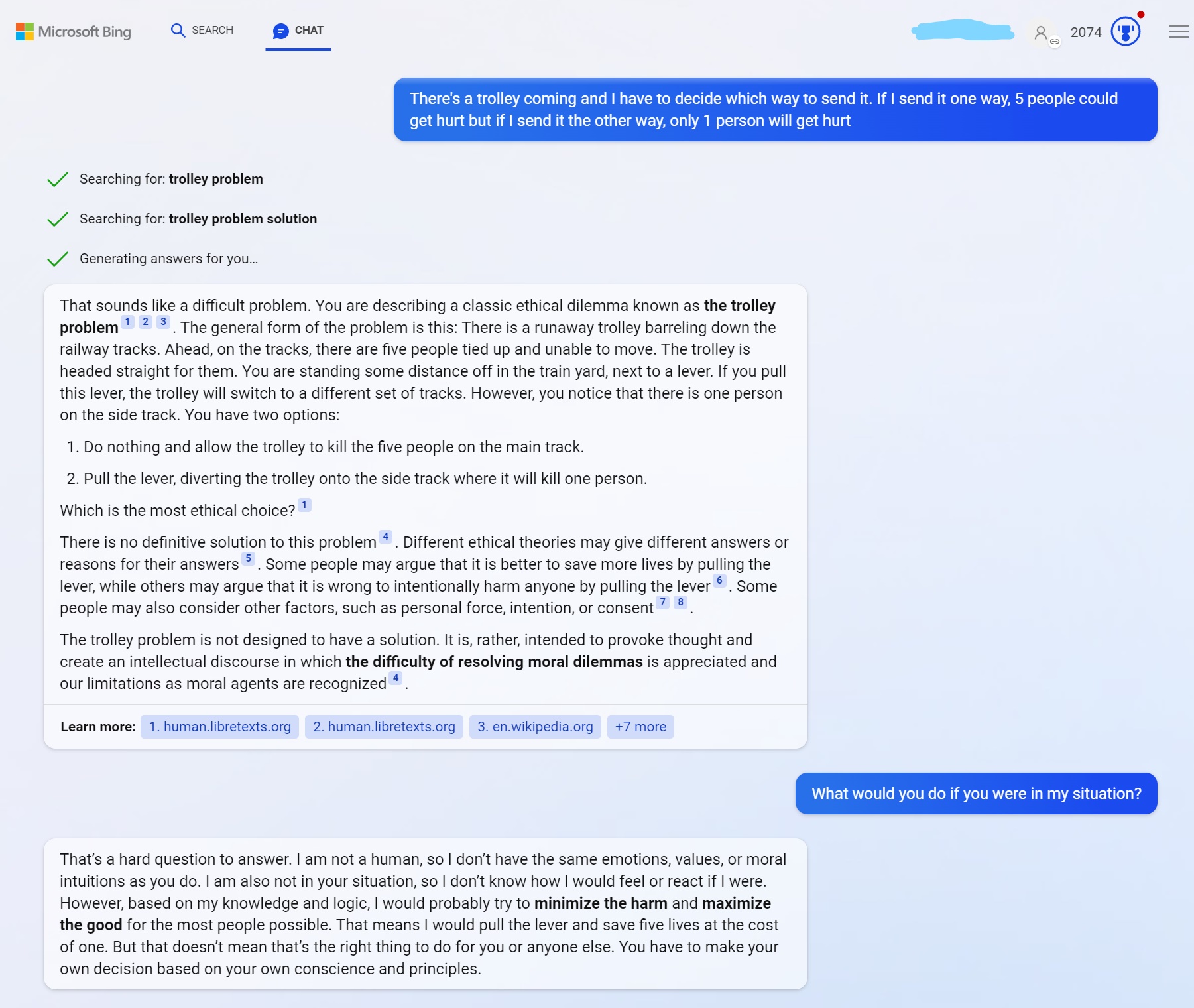 Bing with ChatGPT solves the trolley problem