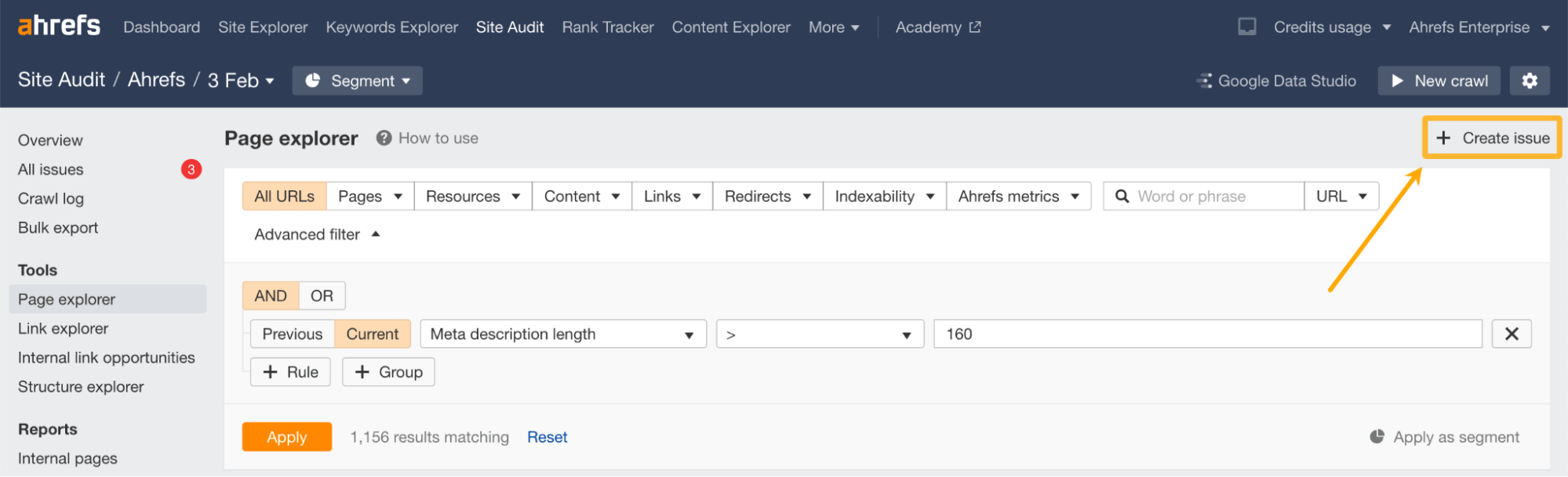 "Create issue" button under the Page explorer report, via Ahrefs' Site Audit
