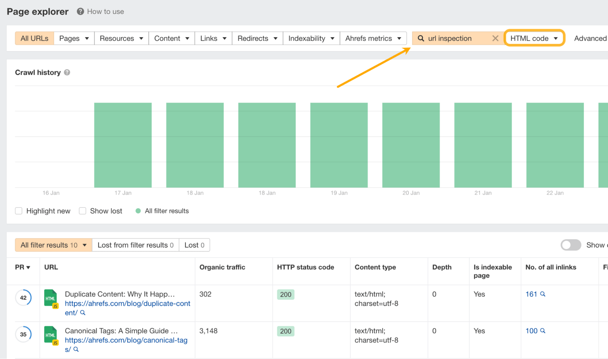 Page explorer report, via Ahrefs' Site Audit
