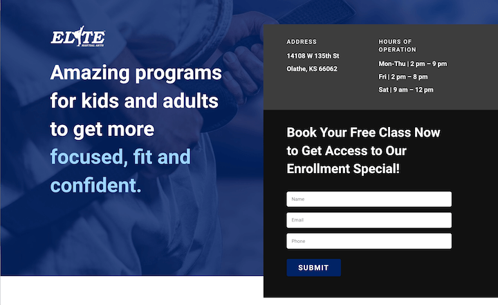 landing page examples - elite martial arts confidence