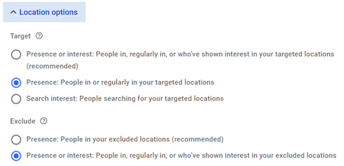 google ads location targeting - location options