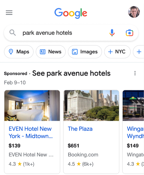 Google Hotel Carousel Search