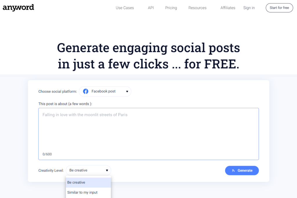 anyword - social media content generator - homepage screenshot