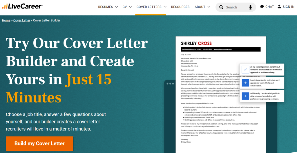 live career cover letter generator