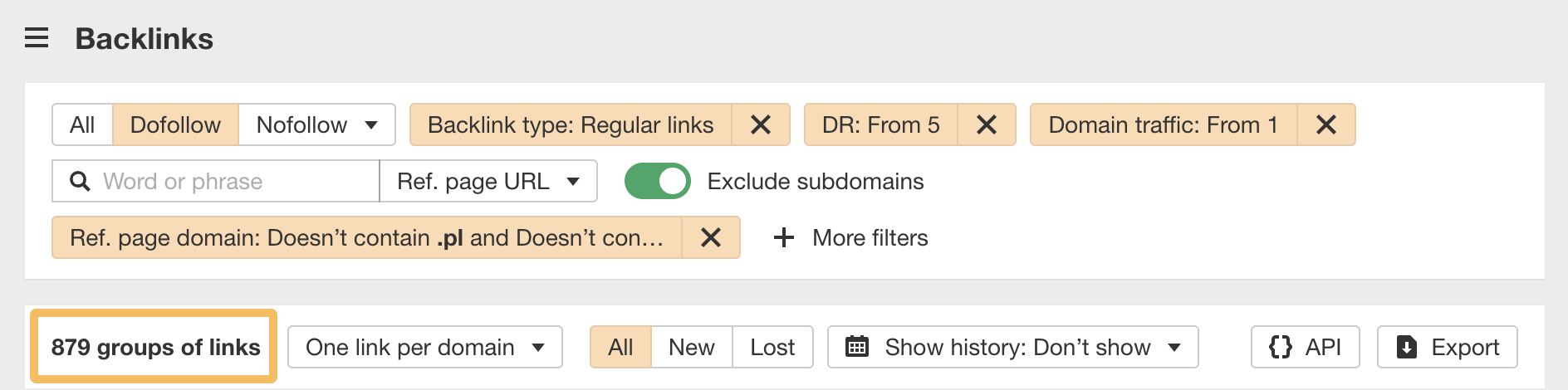 Filtering for strong backlinks in Ahrefs' Site Explorer's Backlinks report
