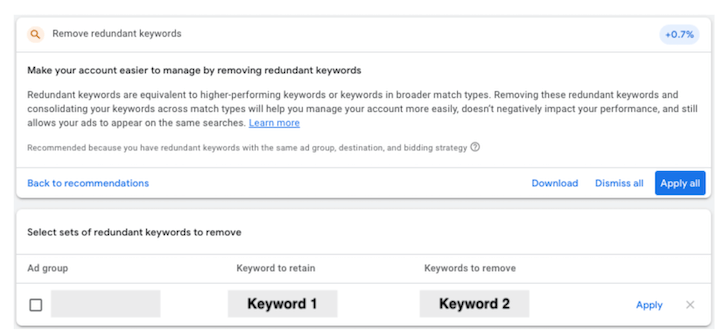 remove redundant keywords recommendation in google ads
