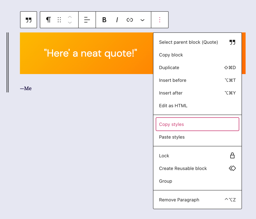 Screenshot of the Copy Styles button on a Quote Block. 