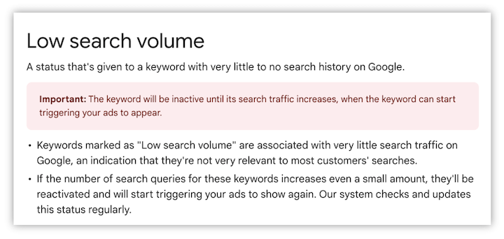 what google ads says about low search volume keywords