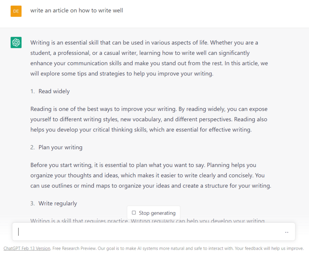 ChatGPT writing an example article