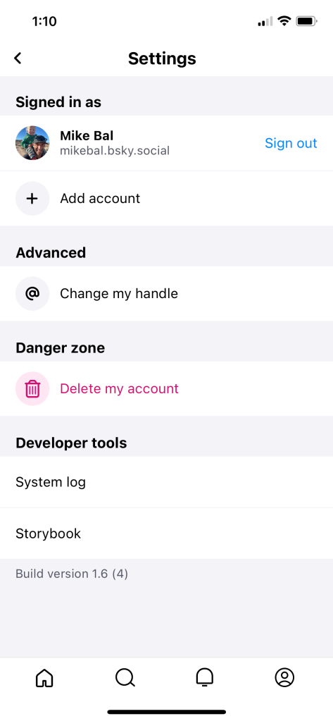 A screenshot from the Bluesky app showing the account settings and the option to change the user handle. 