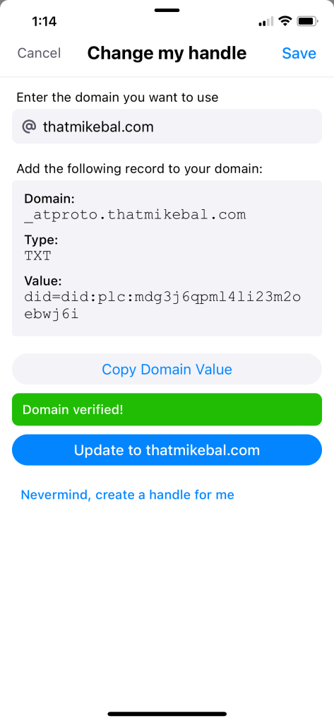 A screen shot of the Bluesky app showing that the domain was verified.