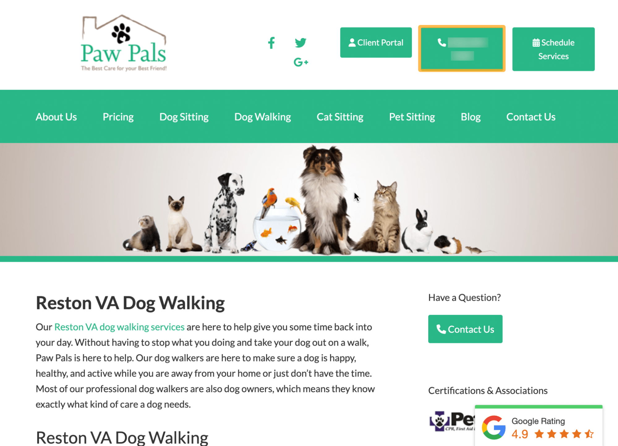 Reston VA Dog Walking landing page, via Paw Pals
