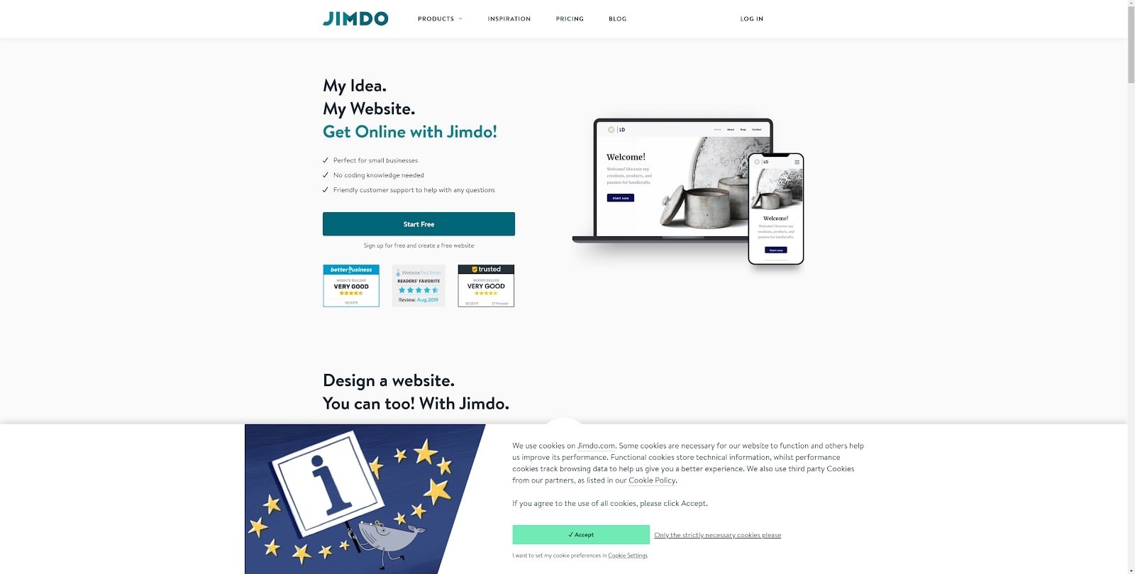 A screenshot from Jimdo, one of the best free website builders