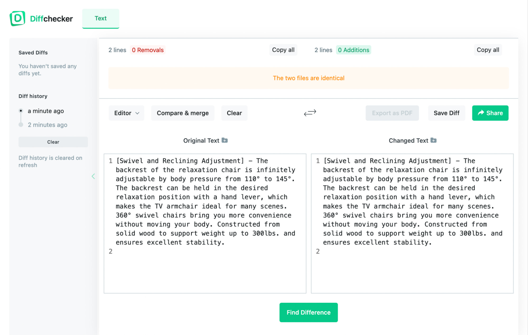 Comparing the text, via Diffchecker
