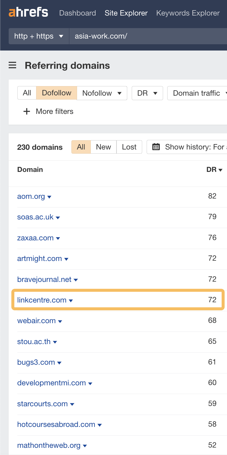 Referring domains report, via Ahrefs' Site Explorer
