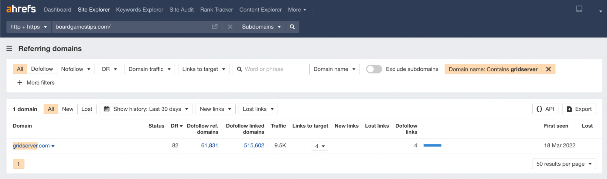 DR 82 link in Referring domains report, via Ahrefs' Site Explorer
