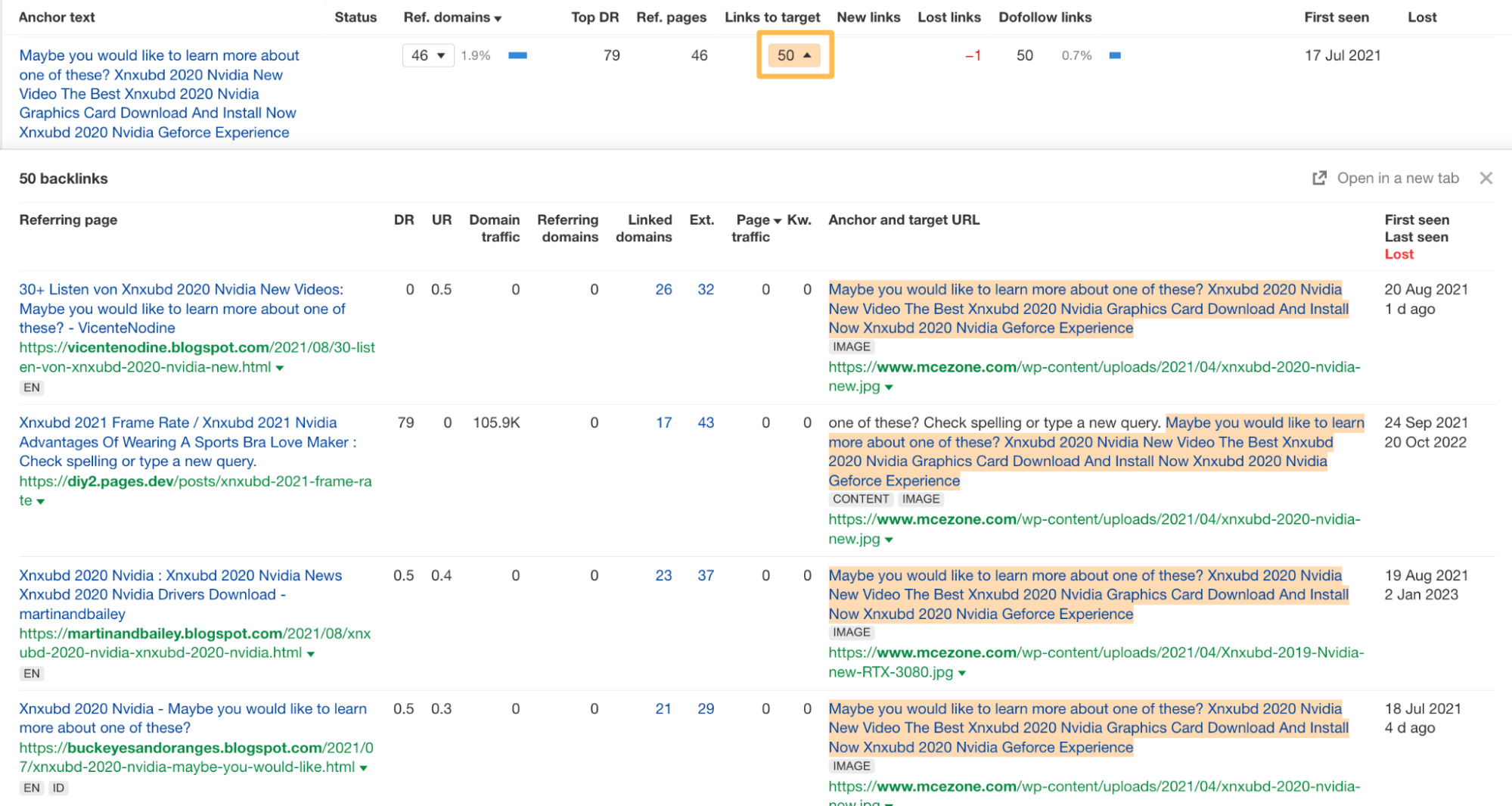 Exact match anchor text across many domains, via Ahrefs' Site Explorer
