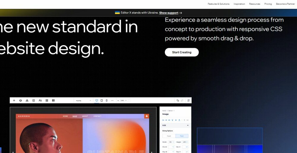 Editor X homepage screenshot